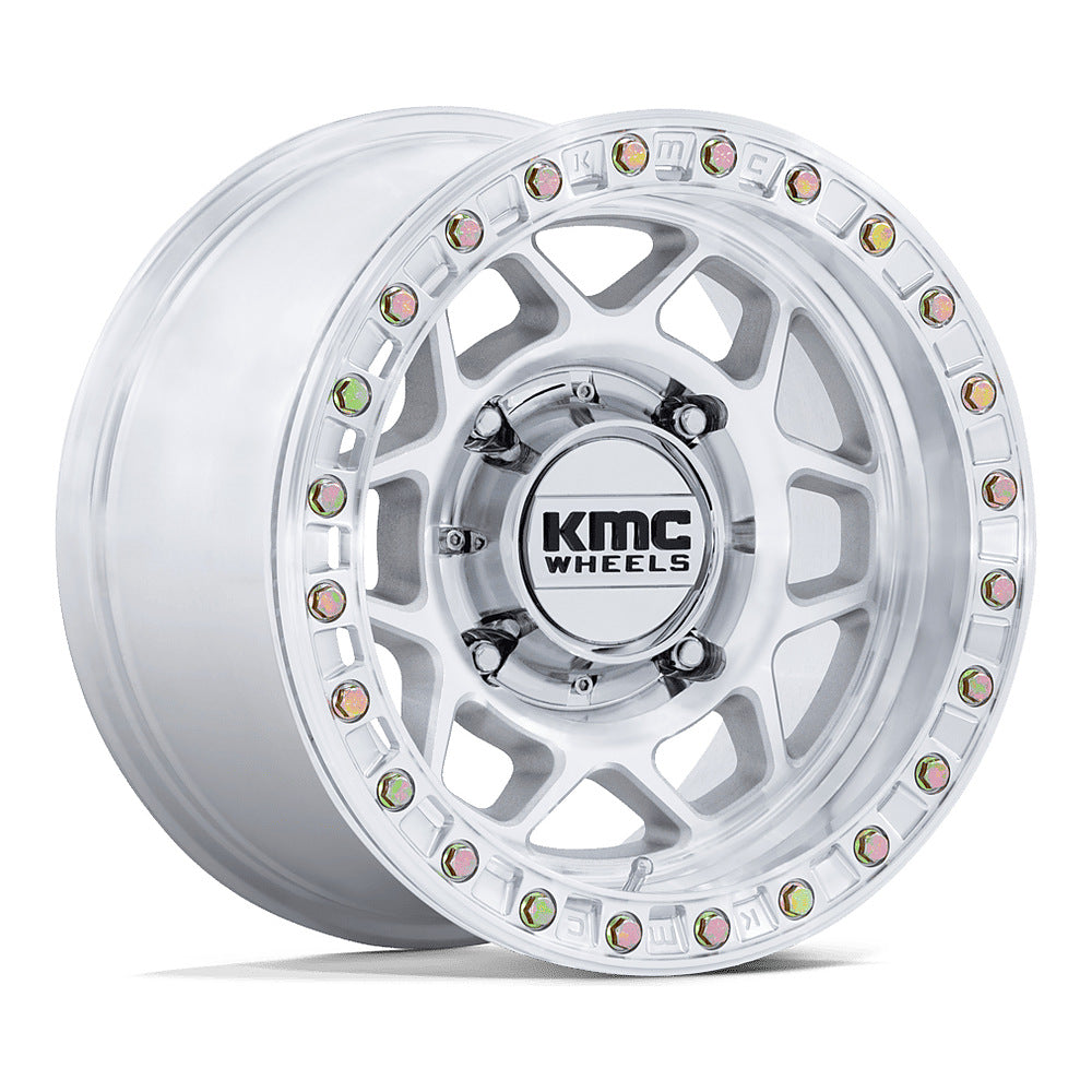 KMC Torx Beadlock KS241 UTV wheel in machined, angled front view