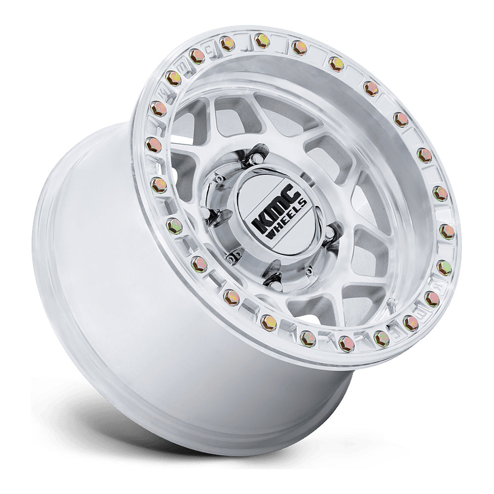 KMC Torx Beadlock KS241 UTV wheel in machined, side angle showing the barrel and lip