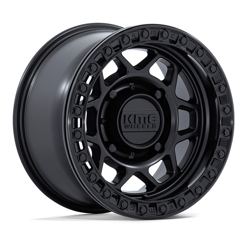 KMC Torx Beadlock KS241 UTV wheel in matte black with gloss black ring, angled front view