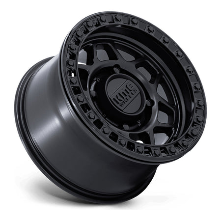 KMC Torx Beadlock KS241 UTV wheel in matte black with gloss black ring, side angle showing the barrel and lip