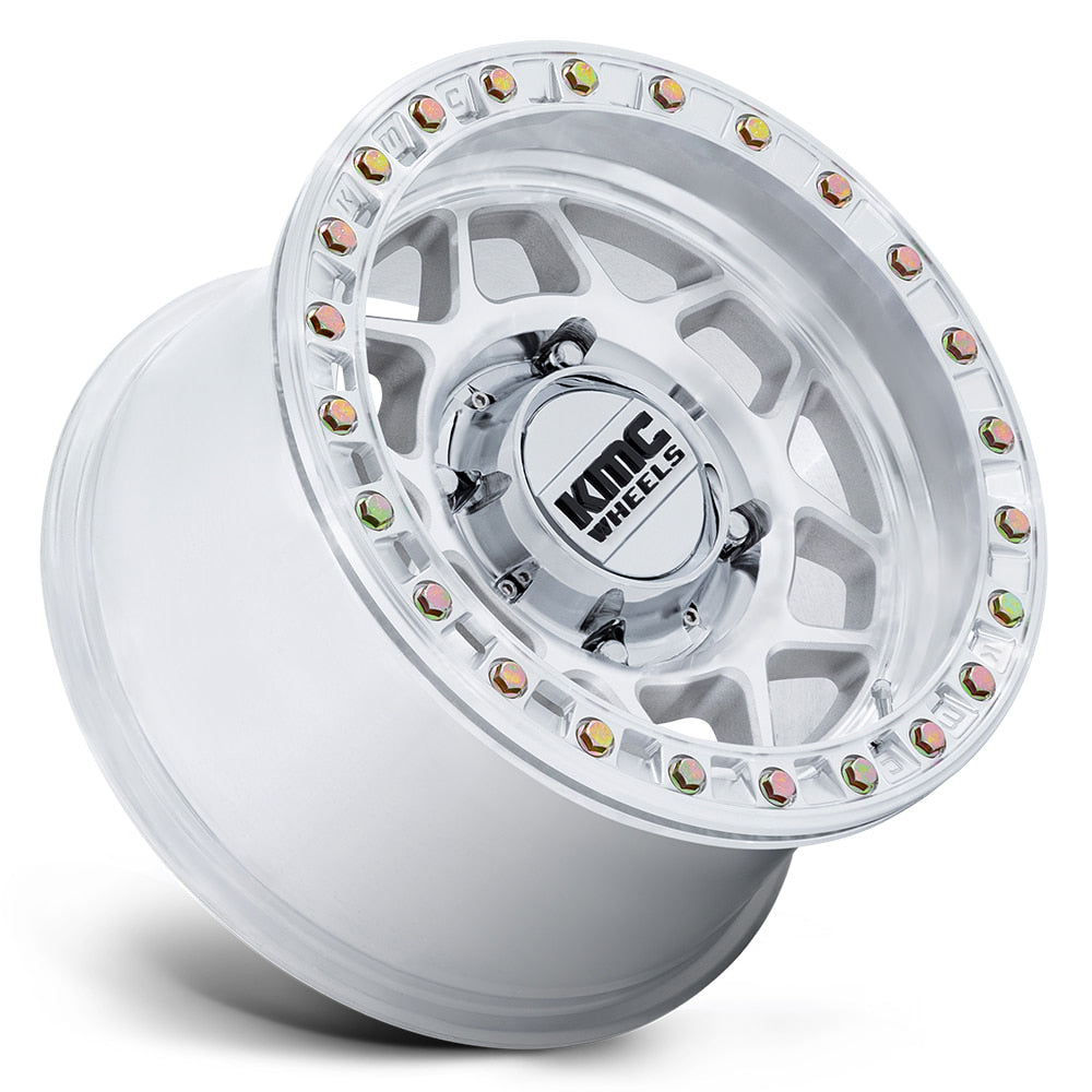 Angled view of the KMC Wheels UTV / Side-by-side beadlock 15x8 machined finish wheel, featuring a 6-element mesh design and zinc treated beadlock hardware, available in 4-lug, 5-lug, and 6-lug bolt patterns.
