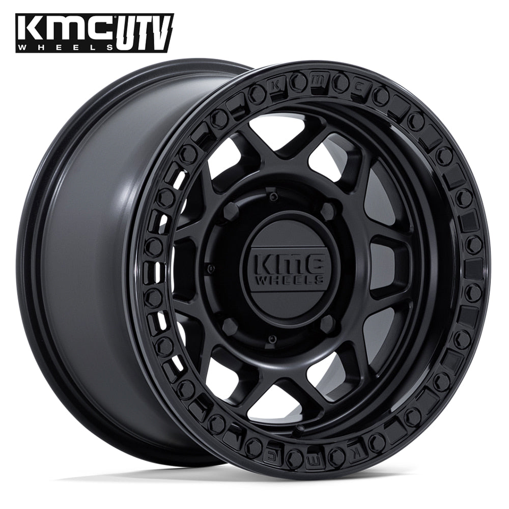 Main product photo of the Matte Black KMC Wheels Torx KS241 Beadlock UTV wheel in 15x8 size, 4/156 bolt pattern, and zero offset, includes KMC center caps and beadlock hardware, all offered with free shipping.