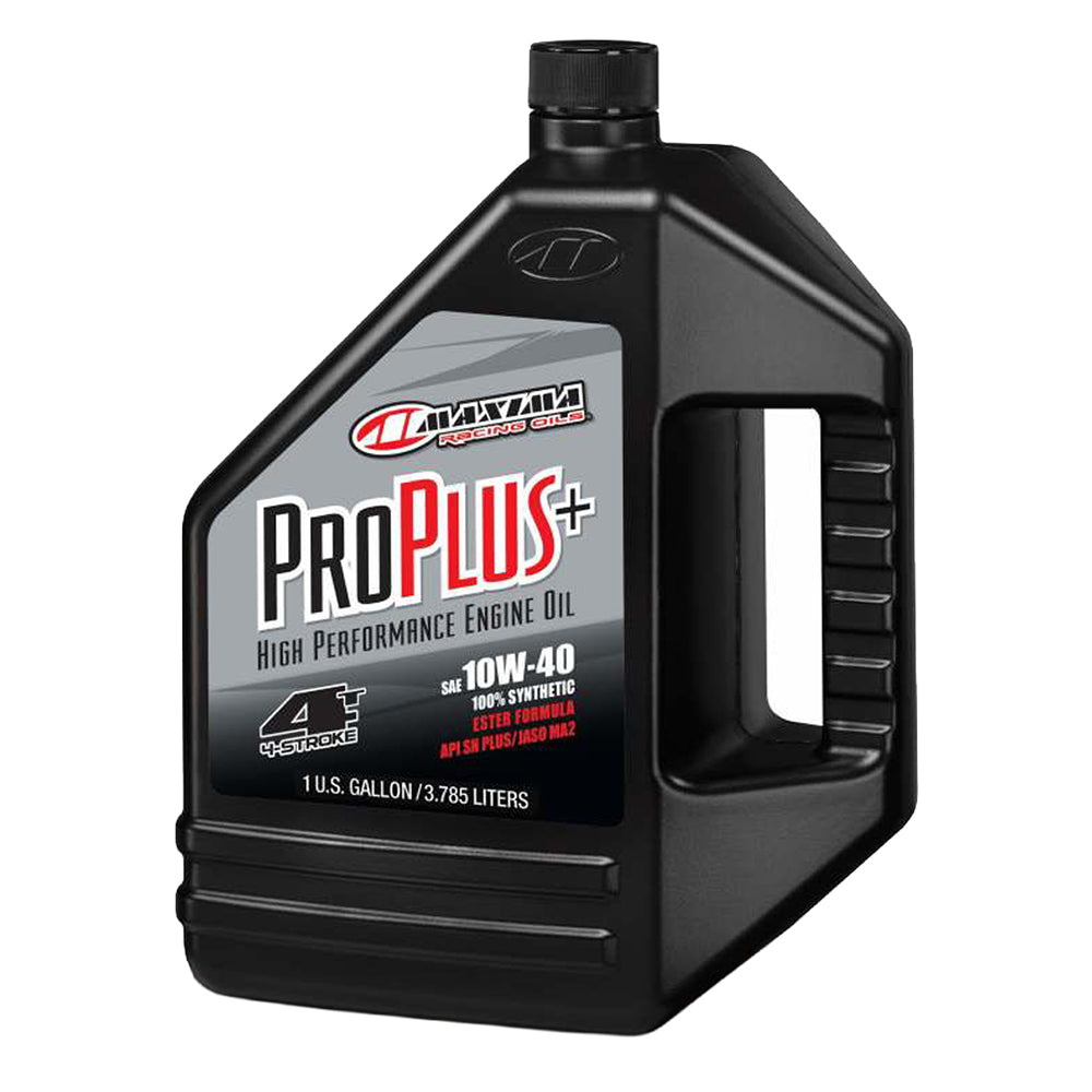 Main product photo of a gallon jug of Maxima Pro Plus+ 10w-40 full synthetic 4-stroke oil for dirt bikes, motorcycles, UTVs, and ATVs, sold with fast and free shipping, Part # 30-029128.