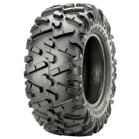 Angled view of the redesigned Maxxis Bighorn 2.0 radial all-terrain 6-ply radial ATV, UTV, and utility cart rear tire, designed with the classic high traction, long wearing tread pattern design, available in a wide variety of sizes, all offered with fast and free shipping.