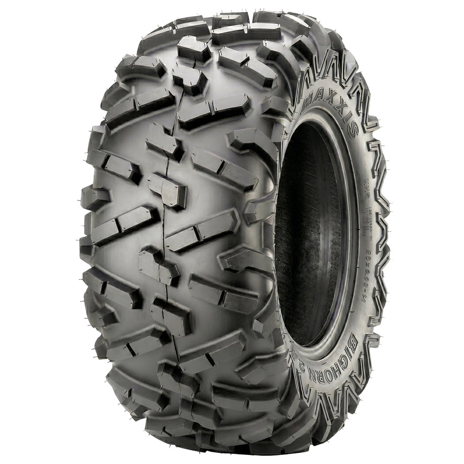 Angled view of the redesigned Maxxis Bighorn 2.0 radial all-terrain 6-ply radial ATV, UTV, and utility cart rear tire, designed with the classic high traction, long wearing tread pattern design, available in a wide variety of sizes, all offered with fast and free shipping.