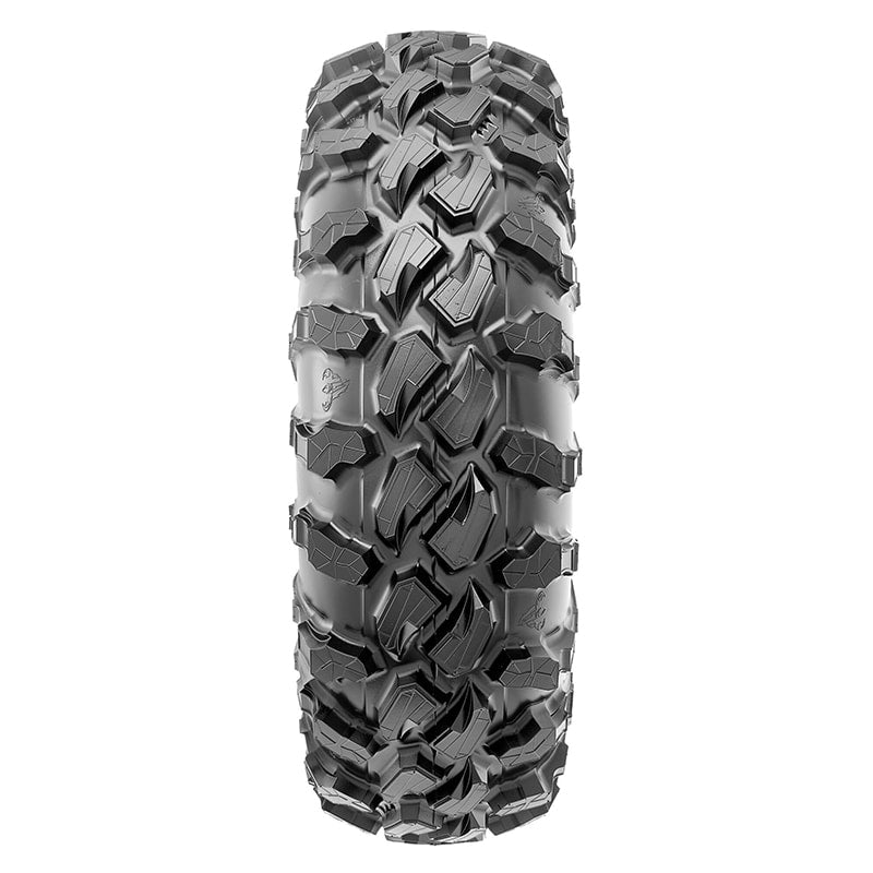 Tread pattern and lug design on the Yamaha OEM front Maxxis Carnage off-road radial tire.