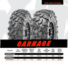 Available sizes and specifications chart for the Maxxis Carnage 8-ply radial UTV and SxS tire.