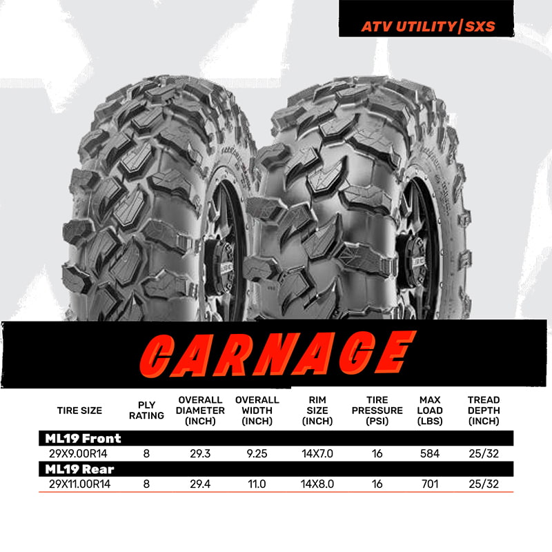 Available sizes and specifications chart for the Maxxis Carnage 8-ply radial UTV and SxS tire.