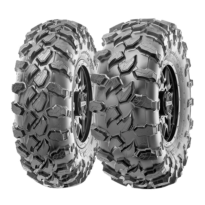Pair of front Maxxis Carnage tire and rear Carnage tire beside each other for reference.