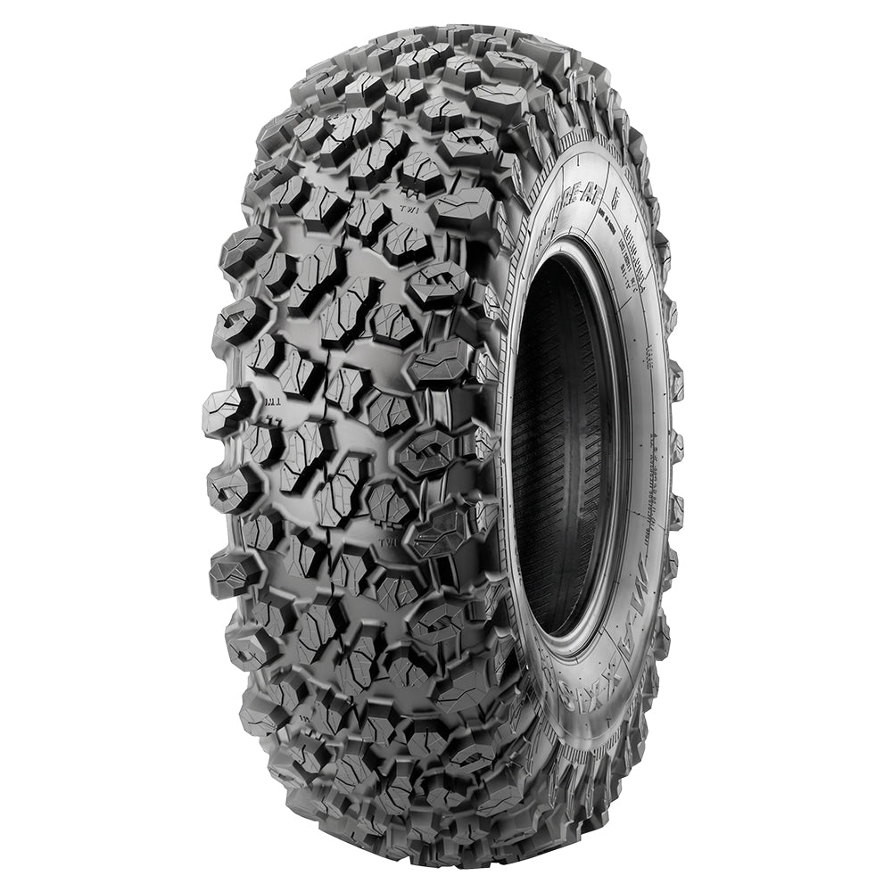 Angled view of the brand new Maxxis Carnivore AT MX1 utv and sxs tire, featuring 8-ply nylon radial construction, heavy duty jobsite tough design, advanced tread pattern a/t design, with a lightweight and self-cleaning tread, offered with fast and free shipping from Ride or Die Tire.