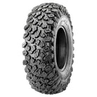 Angled view of the brand new Maxxis Carnivore AT MX1 utv and sxs tire, featuring 8-ply nylon radial construction, heavy duty jobsite tough design, advanced tread pattern a/t design, with a lightweight and self-cleaning tread, offered with fast and free shipping from Ride or Die Tire.