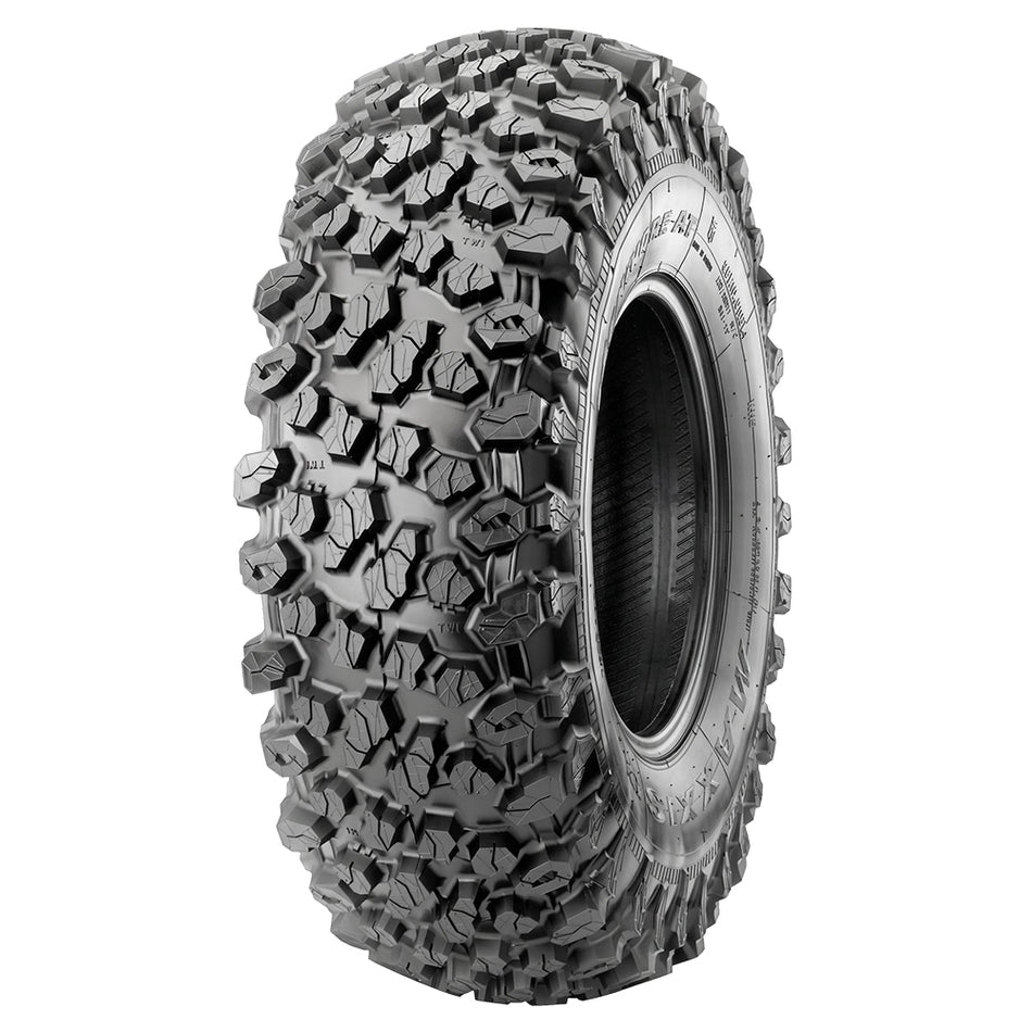 Angled view of the brand new Maxxis Carnivore AT MX1 utv and sxs tire, featuring 8-ply nylon radial construction, heavy duty jobsite tough design, advanced tread pattern a/t design, with a lightweight and self-cleaning tread, offered with fast and free shipping from Ride or Die Tire.