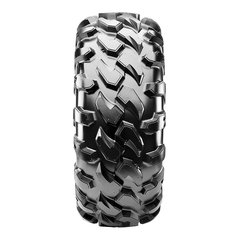 Detailed look at the tread pattern and lug design on the off-road Maxxis Coronado desert heavy duty rear tire.