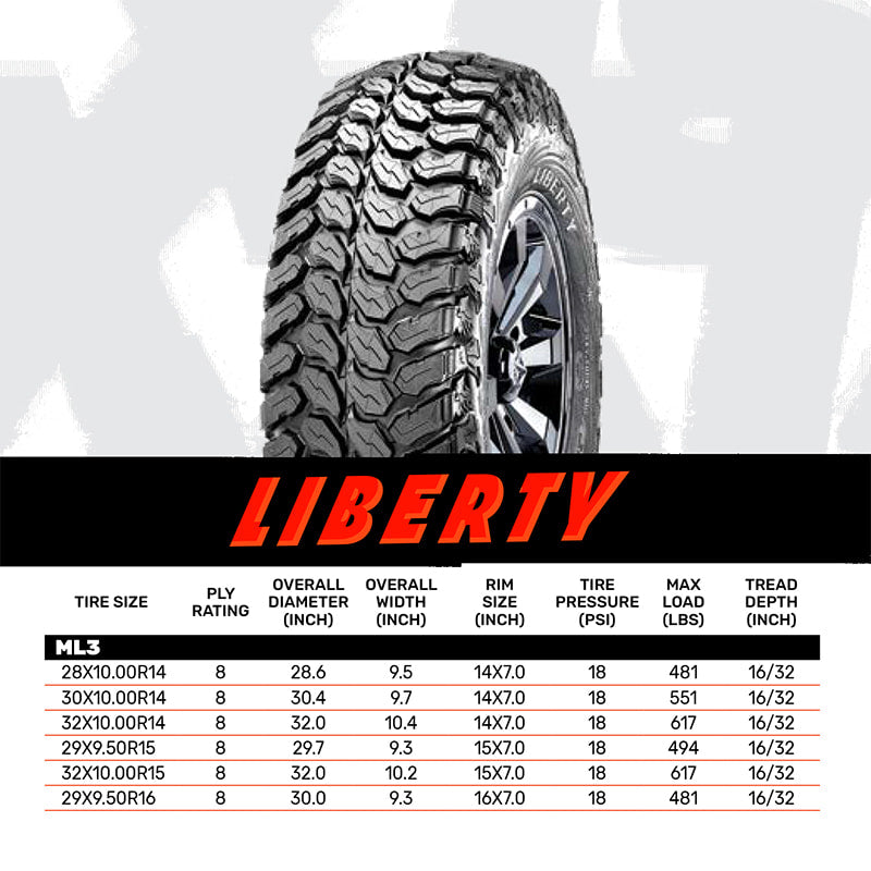 Sizes and specifications chart for the Maxxis Liberty sport tire.