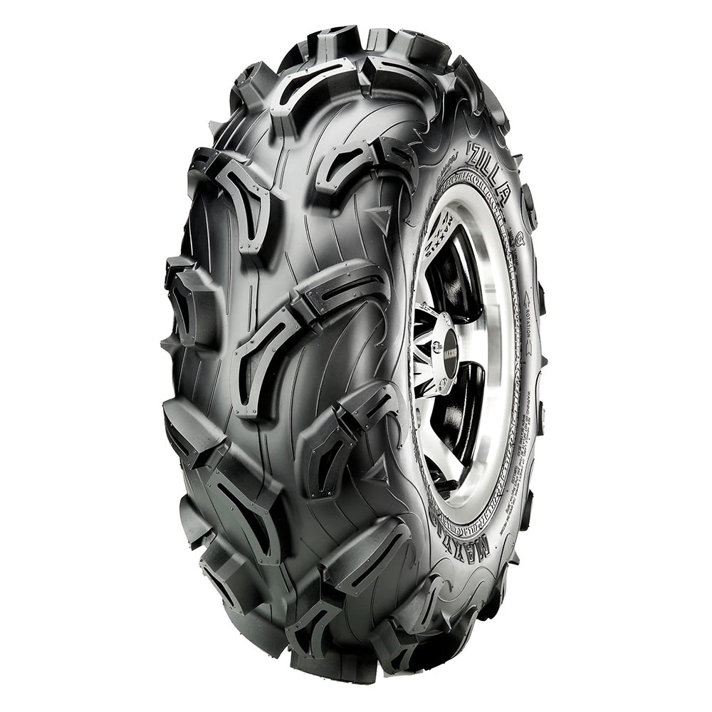 Angled view of the Maxxis MU01 Zilla ATV, UTV, and Side by Side off road and mud front tire with heavy duty 6-ply bias construction and offered with free shipping.