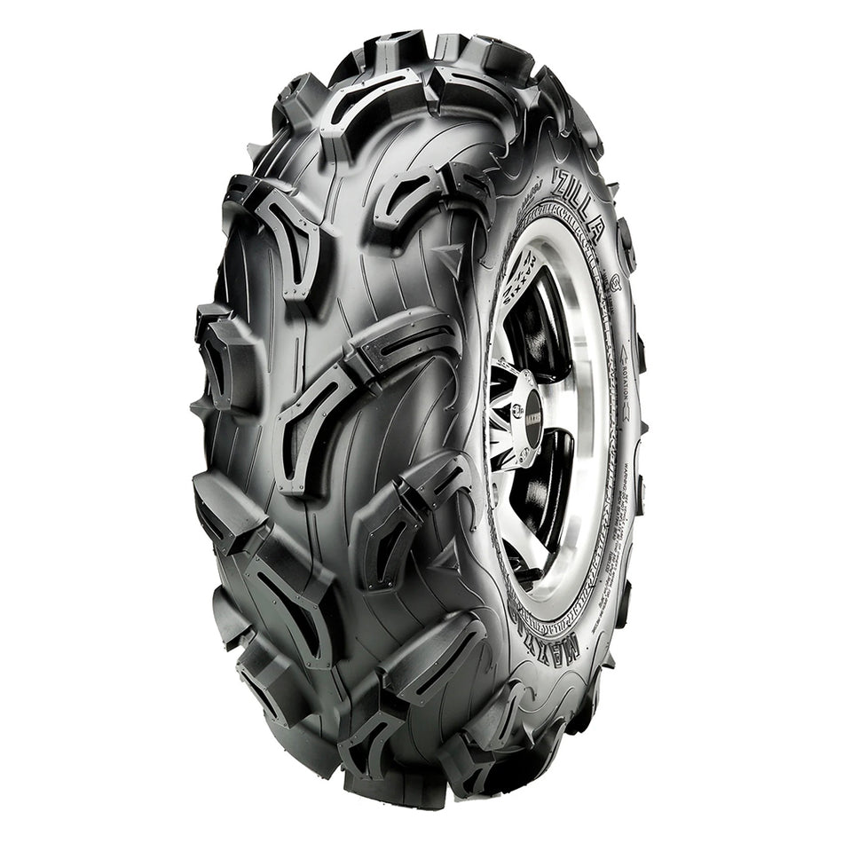 Angled view of the Maxxis MU01 Zilla ATV, UTV, and Side by Side off road and mud front tire with heavy duty 6-ply bias construction and offered with free shipping.