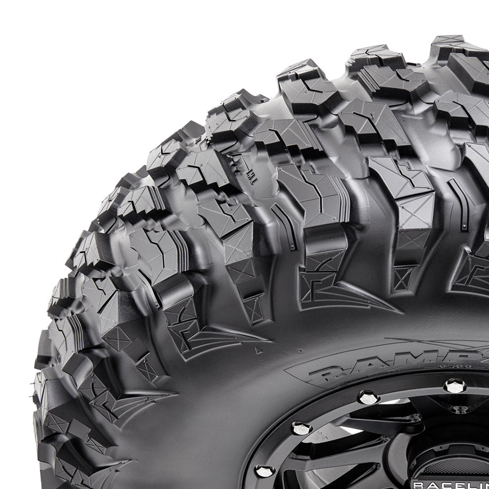 Close up view of tread detail on Maxxis Rampage ML5 all terrain utv tire.