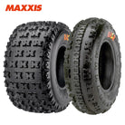 Main product photo listing of both the front and rear Maxxis RAZR sport quad ATV tires, made with 4 or 6 ply bias construction and a high traction, durable competition design, available in a wide variety of sizes from Ride or Die Tire.