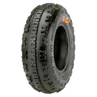 Angled view of the competition Maxxis RAZR ATV / Quad front tire, featuring a high traction "x" lug design with continuous center tread block base to enhance on center feel and steering responsiveness, offered with fast and free shipping.