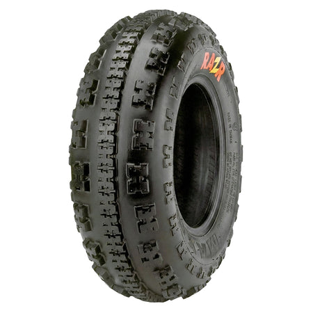 Angled view of the competition Maxxis RAZR ATV / Quad front tire, featuring a high traction "x" lug design with continuous center tread block base to enhance on center feel and steering responsiveness, offered with fast and free shipping.