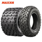 Main product photo of both the front and rear Maxxis RAZR Plus MX sport quad ATV tires, made with 4-Ply bias construction and a high traction, durable competition xc and desert design, available in front and rear sizes from Maxxis authorized dealer Ride or Die Tire.