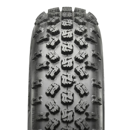 Close up detailed tread pattern view of the lightweight competition Maxxis RAZR Plus MX ATV / Quad front 4-ply bias tire, featuring a unique competition "s-lug" design for ultimate traction, offered with fast and free shipping, 20x6-10 size, Part # TM01033100.