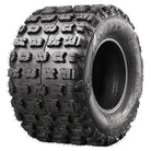 Angled view of the competition Maxxis RAZR Plus MX 18x10-8 rear tire, featuring a high traction design, 4-ply rating, and flat profile and tread contact base to enhance acceleration and braking responsiveness, offered with fast and free shipping, part # TM01034100.