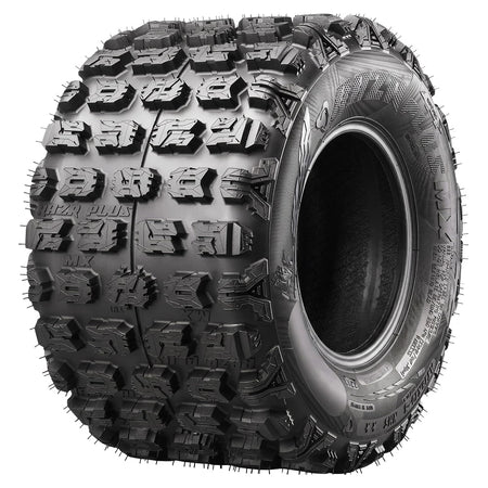 Angled view of the competition Maxxis RAZR Plus MX 18x10-8 rear tire, featuring a high traction design, 4-ply rating, and flat profile and tread contact base to enhance acceleration and braking responsiveness, offered with fast and free shipping, part # TM01034100.