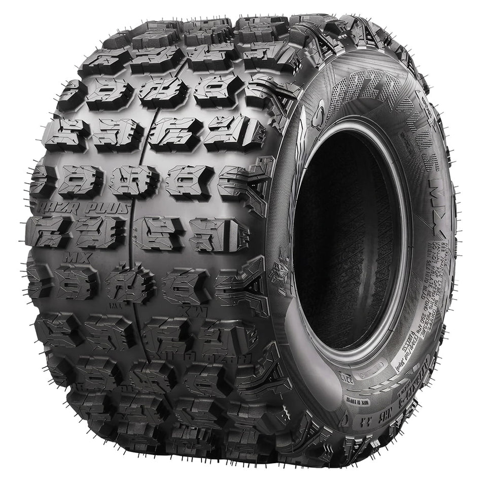 Angled view of the competition Maxxis RAZR Plus MX 18x10-8 rear tire, featuring a high traction design, 4-ply rating, and flat profile and tread contact base to enhance acceleration and braking responsiveness, offered with fast and free shipping, part # TM01034100.