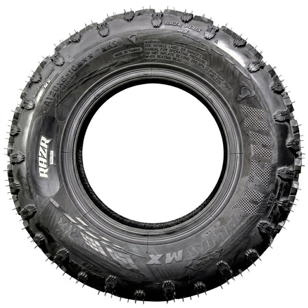 Full sidewall view of the competition Maxxis RAZR Plus MX ATV / Quad front 4-ply bias tire, featuring a unique competition lug design for enhanced steering responsiveness, offered with fast and free shipping, 20x6-10 size, Part # TM01033100.