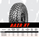 Sizes and specifications chart of the Maxxis RAZR XT off road racing UTV and side-by-side tire.