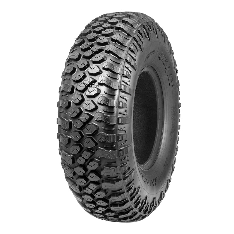 Angled view of the Maxxis RAZR XT off road competition 8-ply steel belted radial UTV and SxS tire designed for high speed performance and offered with fast and free shipping.