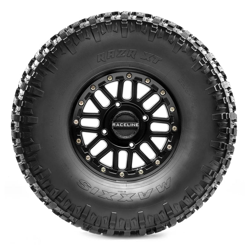 Sidewall view of Maxxis RAZR XT off road competition 8-ply steel belted radial UTV and SxS tire.
