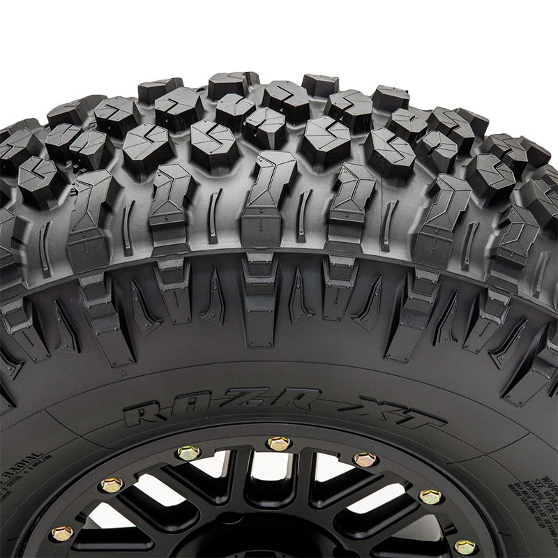 Perfectly spaced shoulder tread blocks with sidewall extender blocks and lug siping of the RAZR XT competition SxS tire.