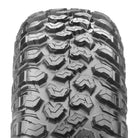 Close up detailed tread pattern view of the Maxxis RAZR XTZ UTV/SXS tire, featuring multi-angled tread blocks with ultimate biting edges and strategic siping to reduce stiffness, while also using integrated stone and mud ejector bars between the shoulder lugs to ensure mud and debris cleanout.