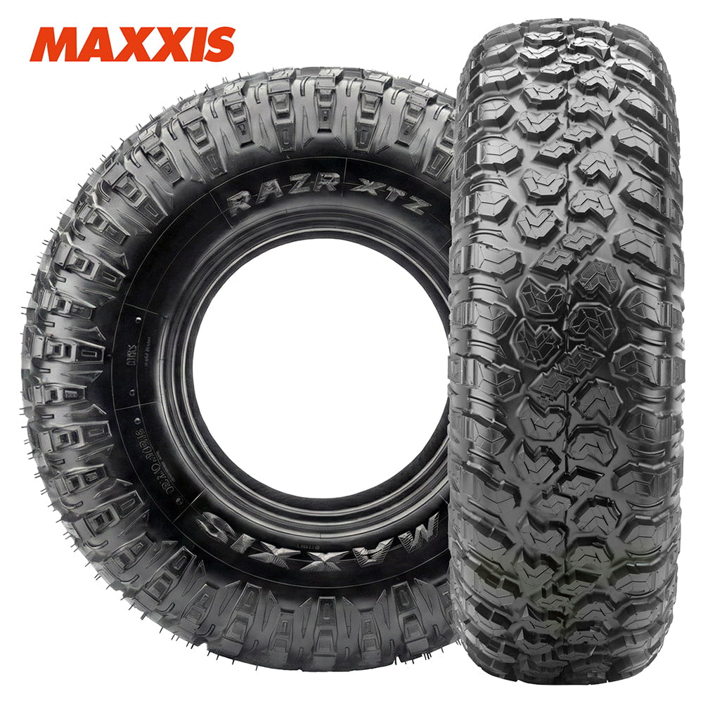 Main product listing photo of the brand new Maxxis RAZR XTZ 8-ply nylon radial UTV and SXS tire, showcasing the high traction all terrain tread pattern and a full sidewall view, new sizes coming soon, sold by Ride or Die Tire.