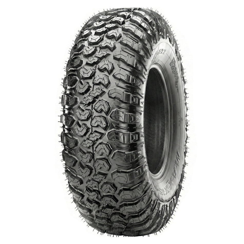 Angled view of the brand new Maxxis RAZR XTZ utv and sxs tire, featuring 8-ply nylon radial construction, advanced tread pattern a/t design, engineered to excel in hardpack and desert high speed terrain, initially available in 32x10.00R15, Part # TM00404900, offered with fast and free shipping from Ride or Die Tire.