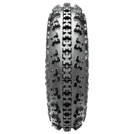 Full tread pattern view of the Maxxis RAZR2 ATV front 6-ply tire, showcasing the tread block design, offered in 3 different sizes for 10" rear rims.