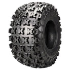 Angled view of the competition Maxxis RAZR2 ATV / Quad rear tire, featuring a high traction design, 6-ply rating, and flat profile and tread contact base to enhance acceleration and braking responsiveness, offered with fast and free shipping and available in a wide variety of popular Quad tire sizes.