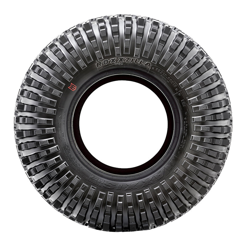 Sidewall view of a mounted Roxxzilla radial rock and desert tire showing the reinforced sidewall lug design and color branded Maxxis logo, available in 14", 15", and 17" wheel sizes.