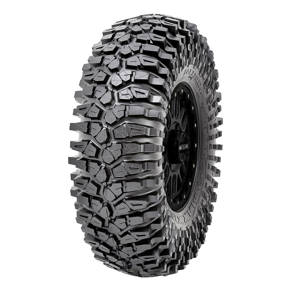 Angled view of the 8-ply Roxxzilla UTV tire by Maxxis, mounted on a wheel, wheel not included.