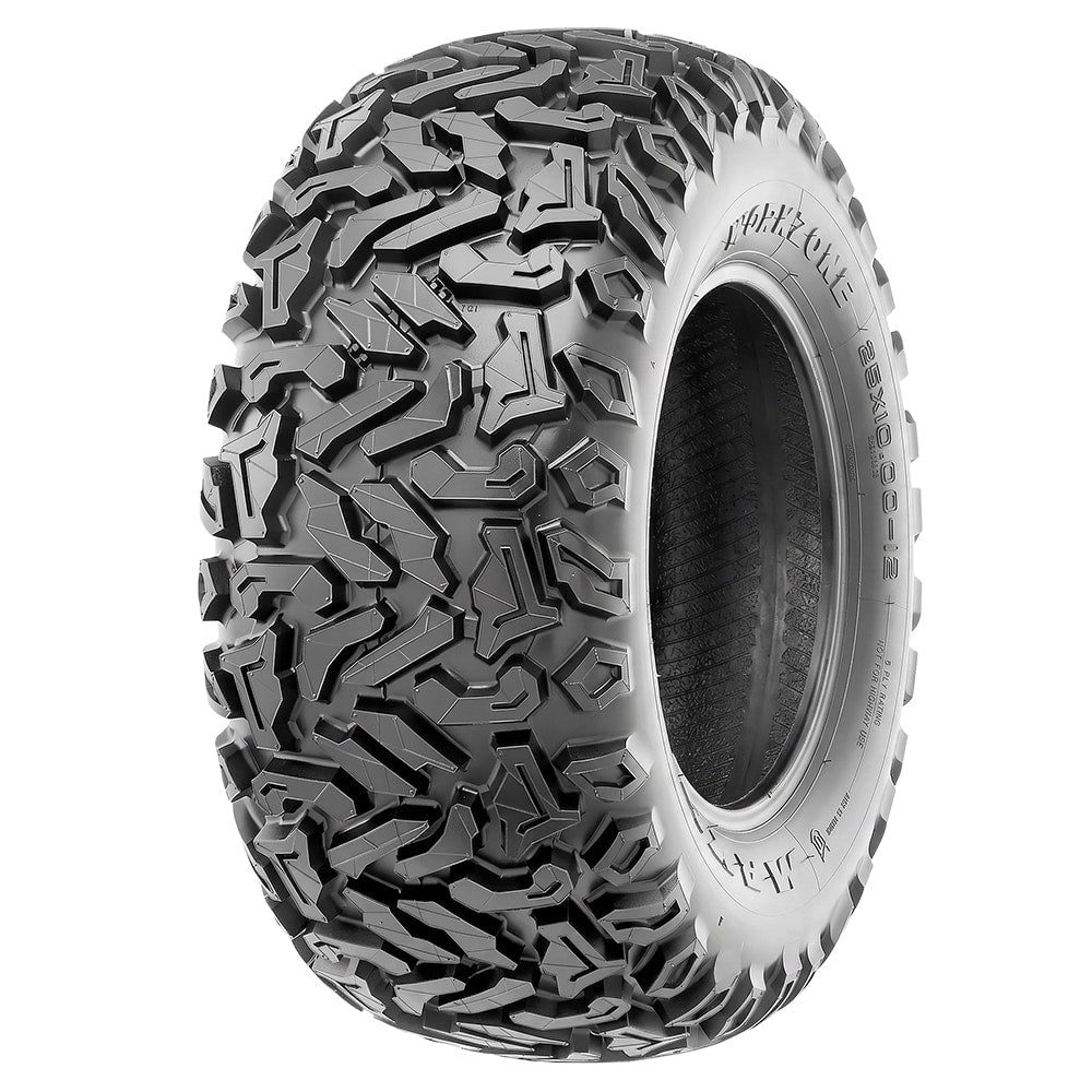 Angled view of the Maxxis Workzone 6-ply bias heavy duty ATV and UTV purpose built work rear tire, offered with free shipping, designed for 12" and 14" diameter rims.
