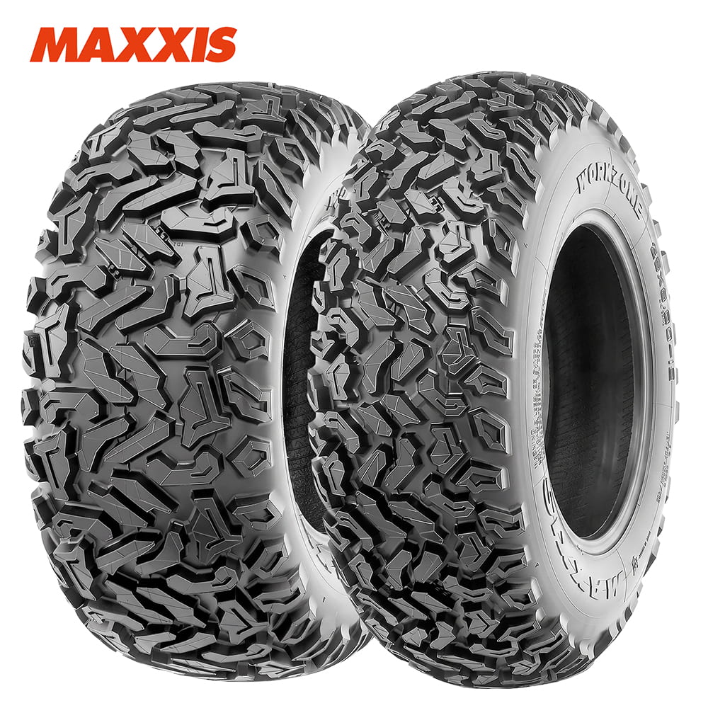 Main product image view of front and rear Maxxis Workzone 6-Ply bias utility tires with heavy duty design and puncture resistance, offered with free shipping by authorized Maxxis dealer Ride or Die Tire.