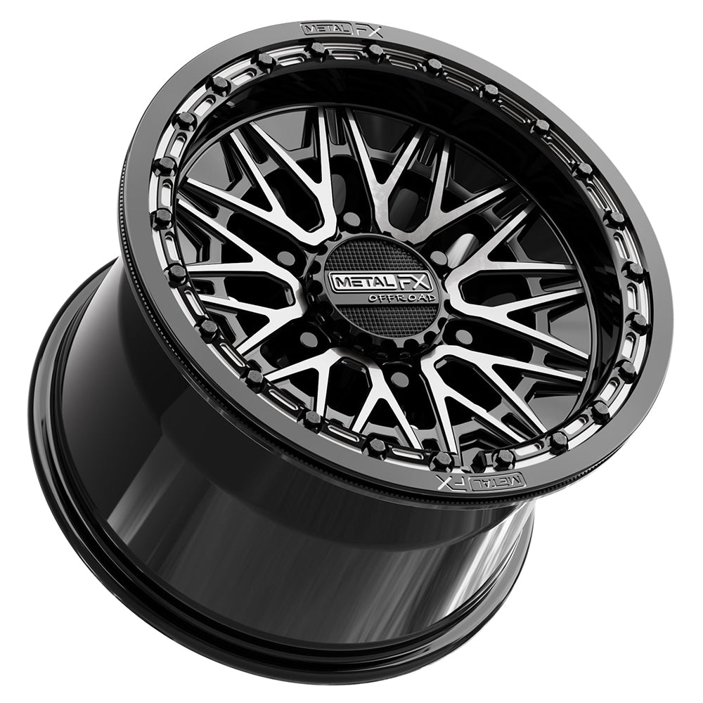 Lower angled view of the Metal FX Offroad Alpha 6R Beadlock 15x10 UTV and SXS wheel for a CanAm Maverick R with 6x5.5 lug pattern, with DDT finish and +25mm offset, offered with fast and free shipping, Part # 78791.