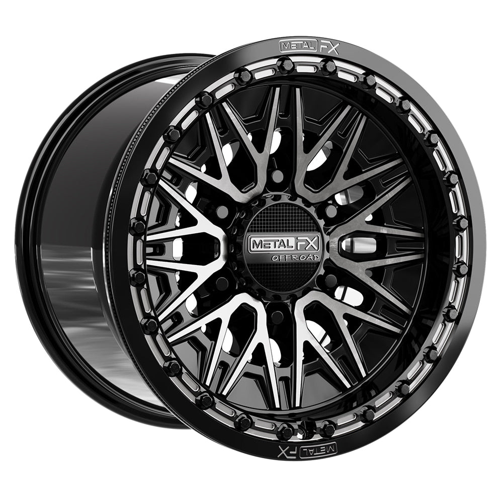 Angled view of the Metal FX Offroad Alpha 6R 15" Beadlock UTV and SXS wheel for a CanAm Maverick R with 6-lug wheels, in 15x10 size with DDT finish, offered with fast and free shipping, Part # 78791.