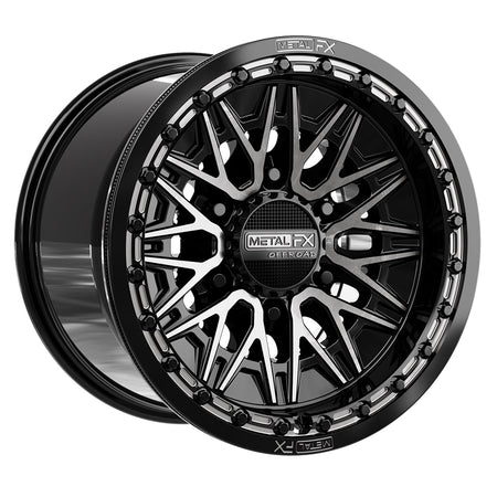 Angled view of the Metal FX Offroad Alpha 6R 15" Beadlock UTV and SXS wheel for a CanAm Maverick R with 6-lug wheels, in 15x10 size with DDT finish, offered with fast and free shipping, Part # 78791.