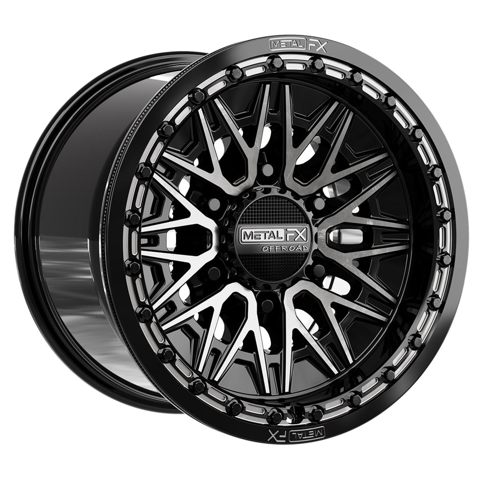 Angled view of the Metal FX Offroad Alpha 6R 15" Beadlock UTV and SXS wheel for a CanAm Maverick R with 6-lug wheels, in 15x10 size with DDT finish, offered with fast and free shipping, Part # 78791.