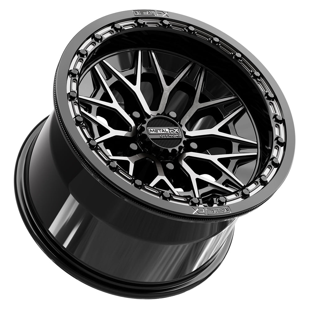 Lower alternate view of the premium Metal FX Alpha R Beadlock 15x10 UTV and SXS wheel in gloss black ddt finish with 0-offset and 5x4.5 bolt pattern for select Polaris, Segway, and Kawasaki H2 models, offered with fast and free shipping, Item # 78771.