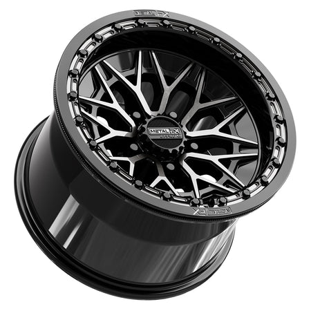 Lower alternate view of the premium Metal FX Alpha R Beadlock 15x10 UTV and SXS wheel in gloss black ddt finish with 0-offset and 5x4.5 bolt pattern for select Polaris, Segway, and Kawasaki H2 models, offered with fast and free shipping, Item # 78771.