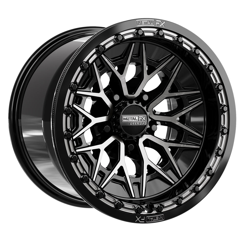 Angled view of the premium Metal FX Alpha R Beadlock 15x10 UTV and SXS wheel in gloss black ddt finish with 0-offset and 5x4.5 bolt pattern for select Polaris, Segway, and Kawasaki H2 models, offered with fast and free shipping, Item # 78771.